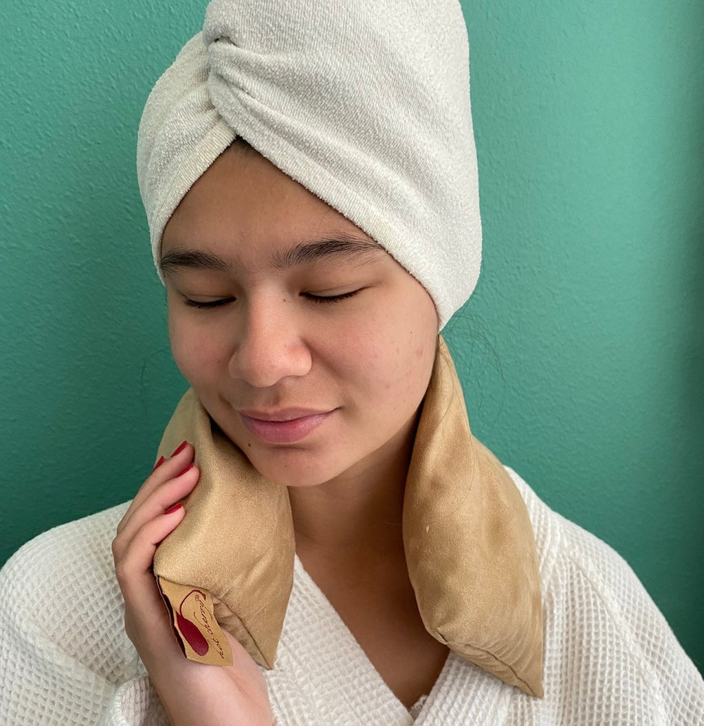 Hot Cherry Neck Wrap in Plush Tan Ultra-suede-0